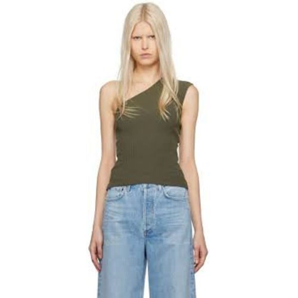 AGOLDE Nessa One Shoulder Tank Top Sz L Olive Green Shirt Minimalist Preppy Date